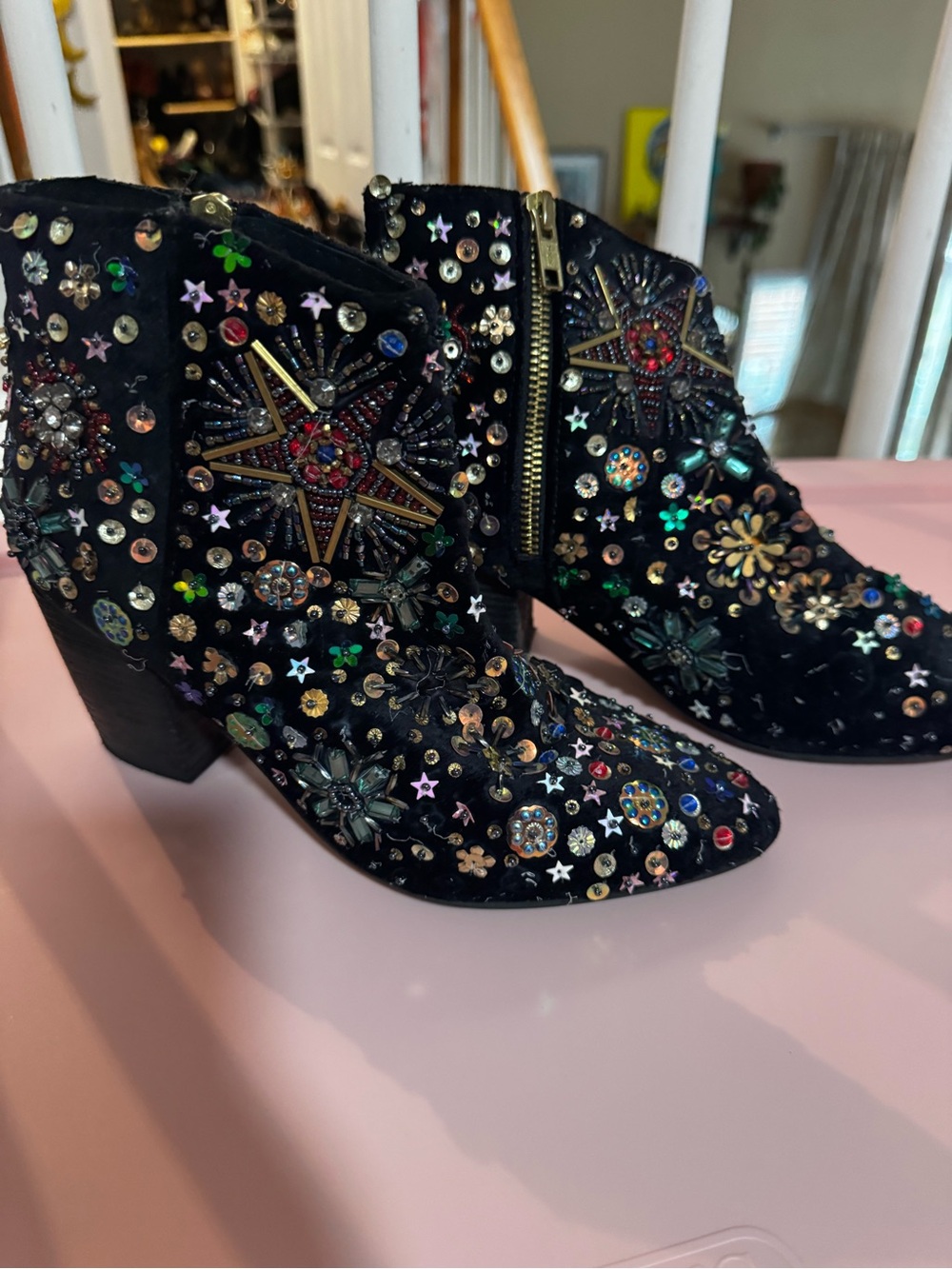 Free People Black Embellished Velvet Ankle Boots with Multicolor Gems - Picture 4 of 6